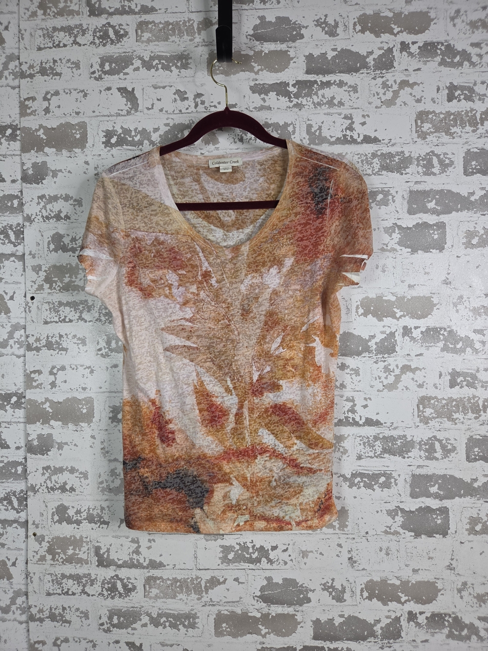 Coldwater Creek Knit Tee Boho Earth Tone Leaf Print V-Neck Shirt Size M